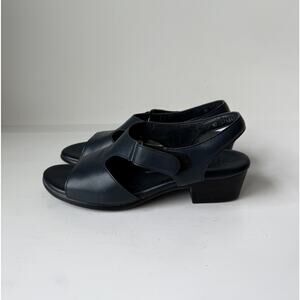SAS Suntimer Leather Heel Sandals Strap Tripad Comfort Sz 8 N Navy Blue USA Made